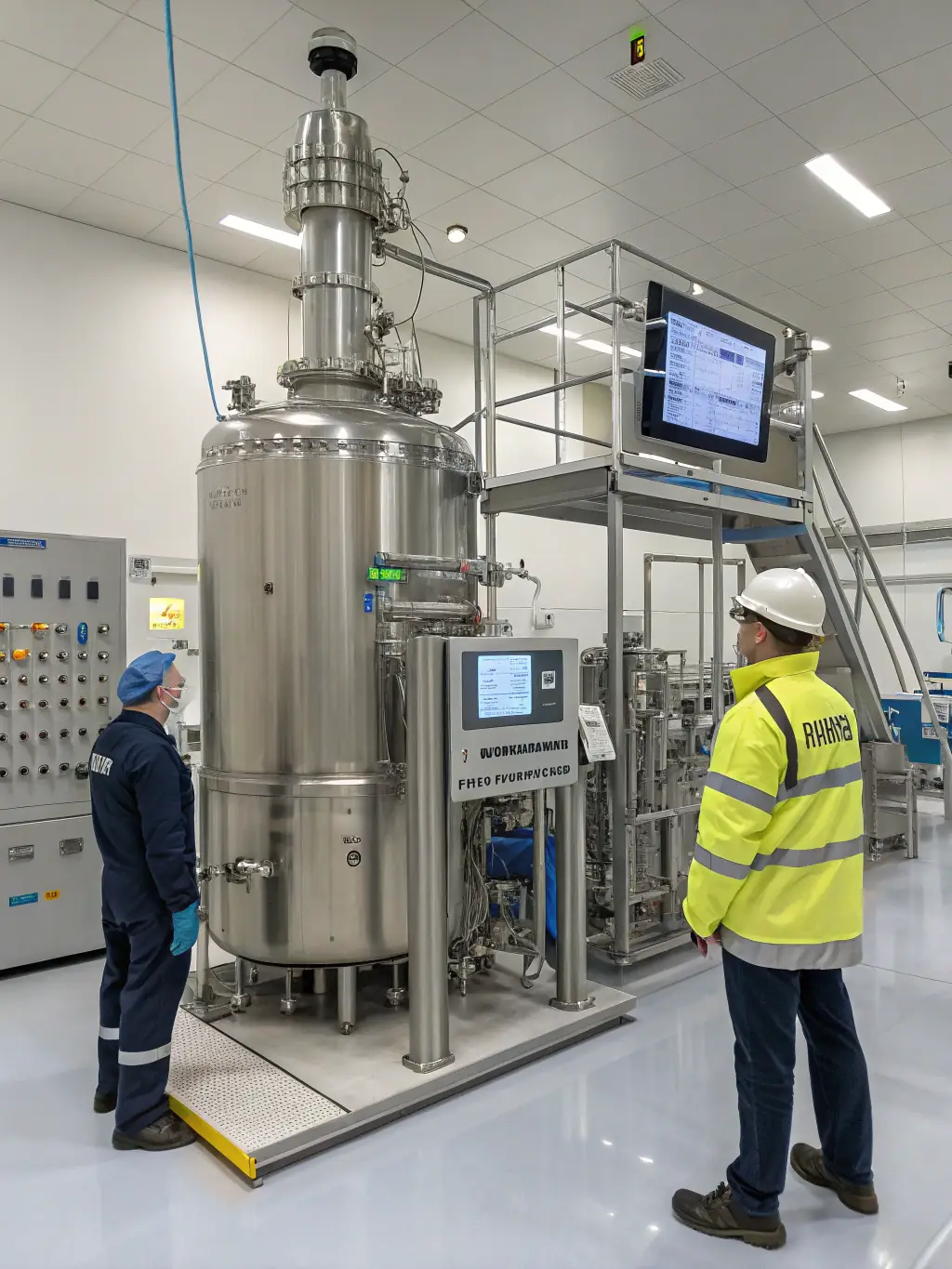 A detailed image showcasing Biotoc's advanced pyrolysis reactor, converting biomass into bio-oil, biochar, and syngas. The reactor should be depicted in a modern, industrial setting with visible monitoring equipment.