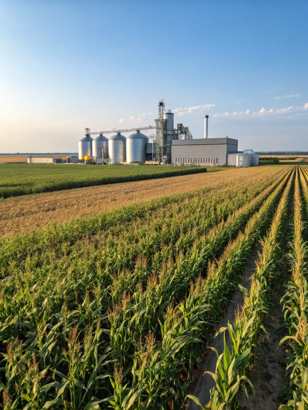 A high-angle, wide shot of a vast field of harvested corn stalks, with a modern biomass processing plant visible in the background, under a clear blue sky. The image should convey the scale of biomass resources available and the integration of technology.